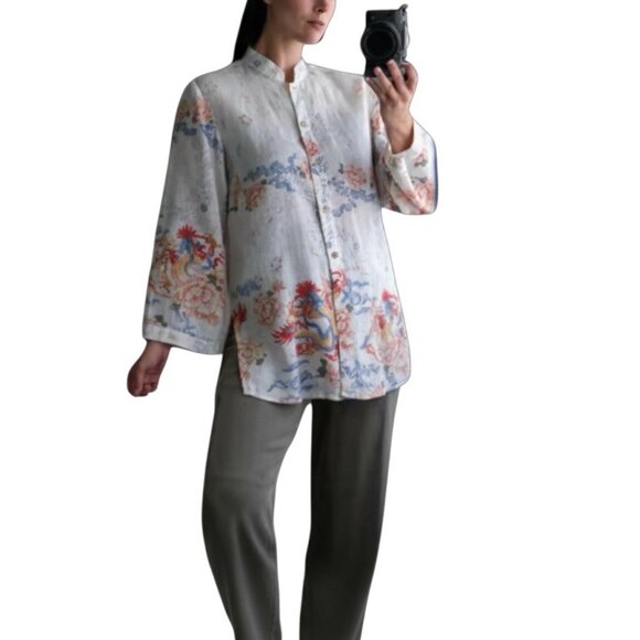 Citron Santa Monica Linen Dragon Floral Blouse Womens Size 1X Asian Art to Wear - Picture 1 of 8